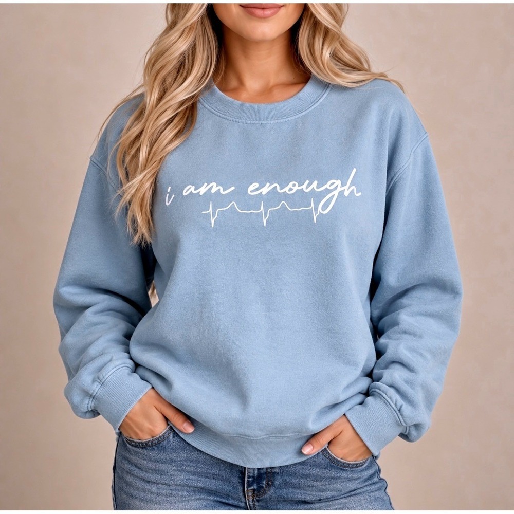 Gildan Sweatshirt S Blue Good I Am Enough Heartbeat Graphic Crewneck Pullover